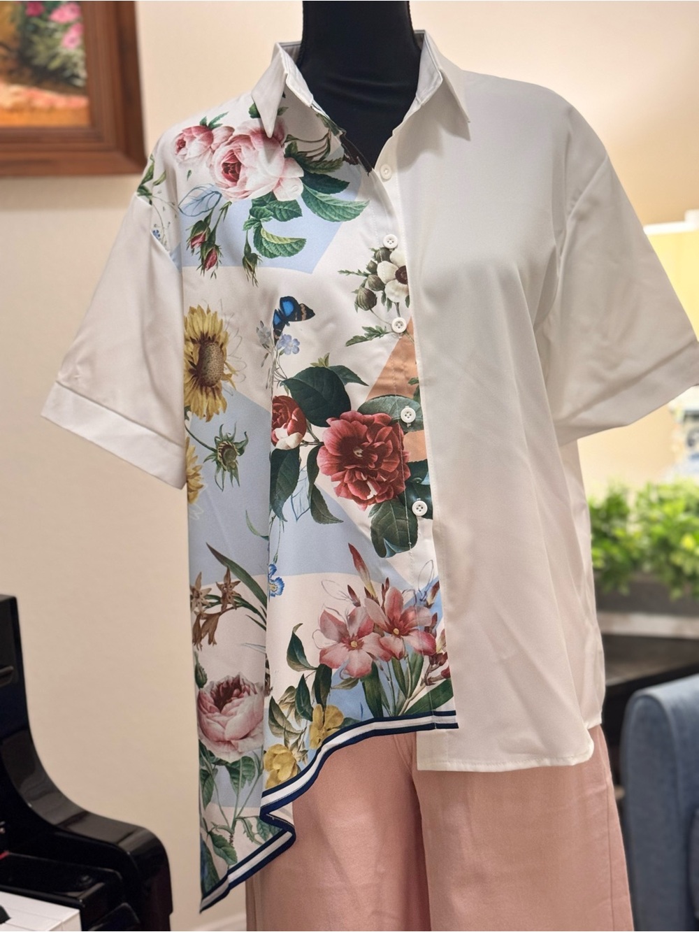 Floral Panel Short-Sleeve Button-Up Top - White and Multi